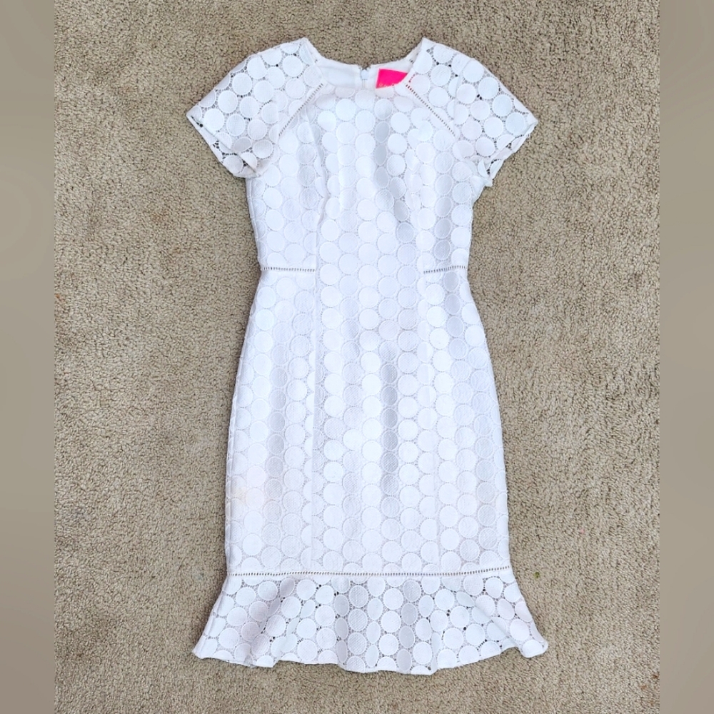 Lilly Pulitzer Aliza Midi Dress Resort White Polka Dot Lace Size 0 Ruffle Edges